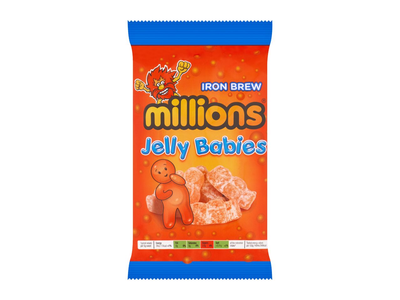 Millions Iron Brew Jelly Babies candy bag with nutritional information.