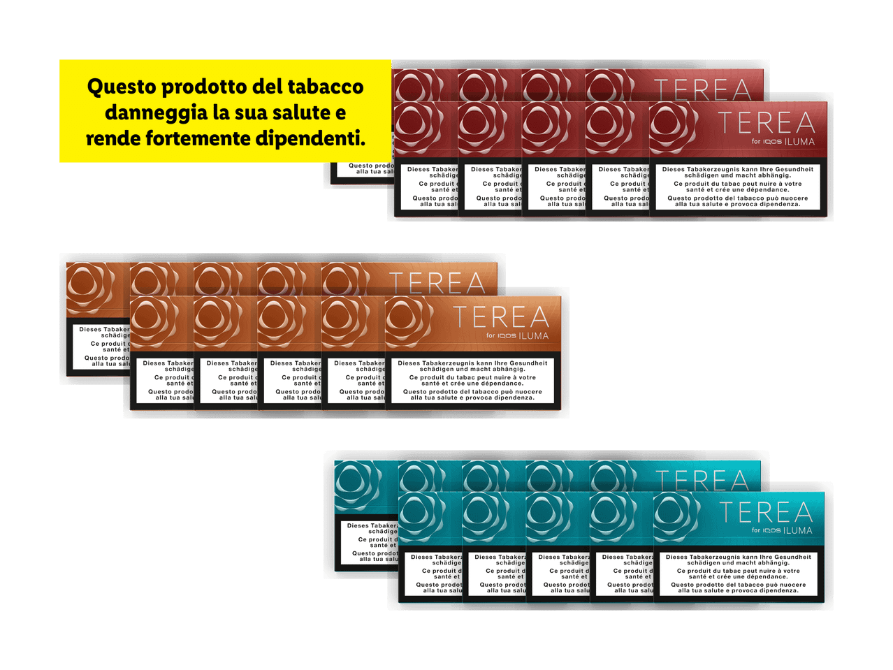 Avvertenza sul tabacco in italiano, tedesco e francese, con pacchetti di tabacco.