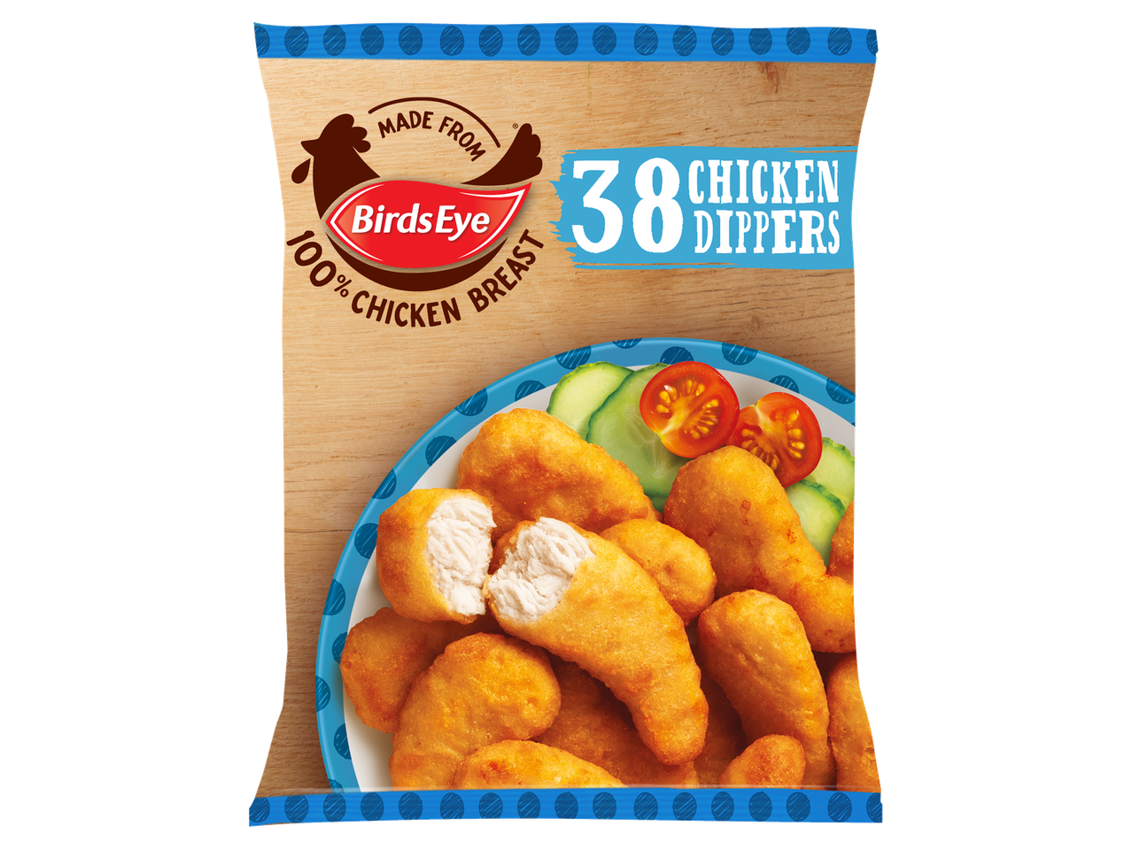 Birds Eye 38 Chicken Dippers in a package, made from 100% chicken breast.