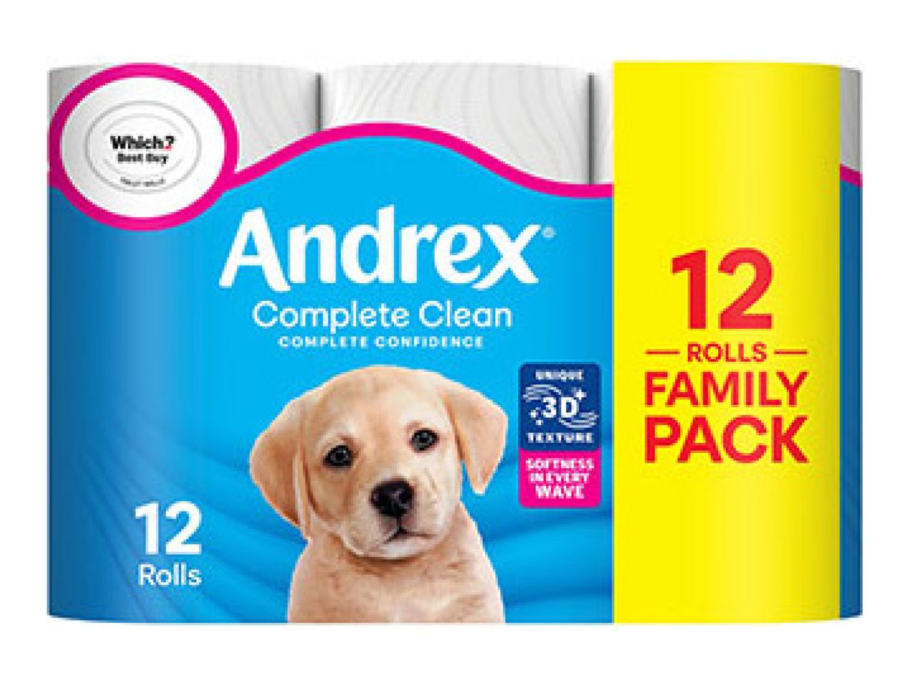 Toilet paper 12-roll family pack with a puppy on the packaging.