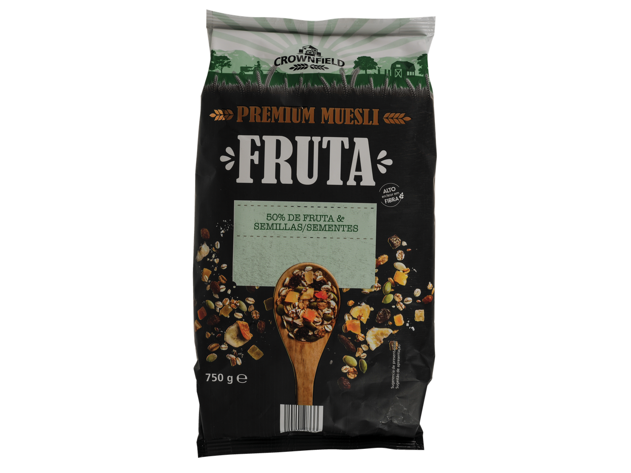 Crownfield Muesli Premium com 50% fruta e sementes, alto teor em fibra.