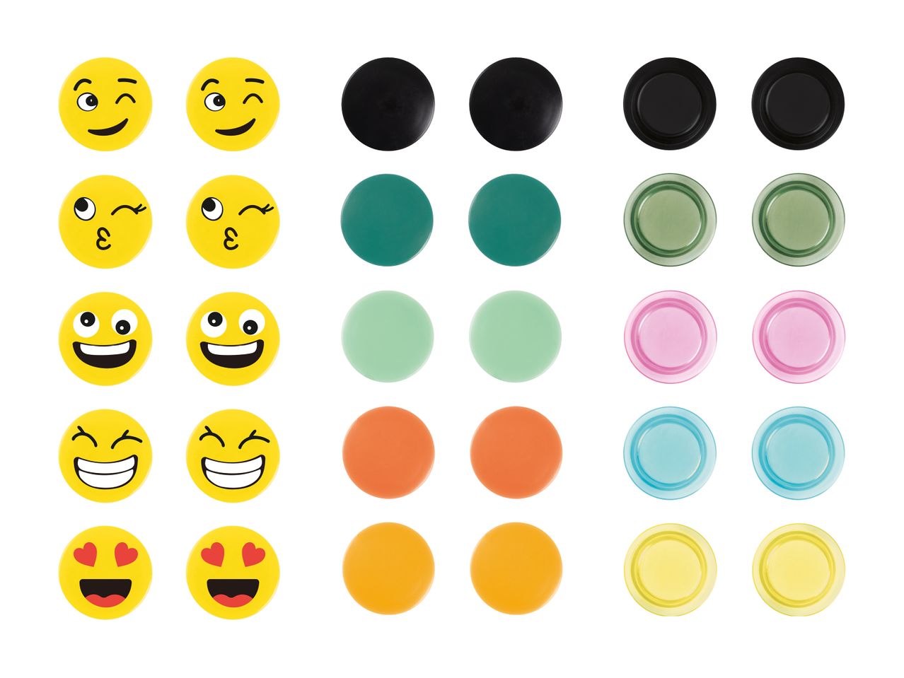 Fünf Reihen von gelben Emoji-Magneten und bunten runden Magneten.
