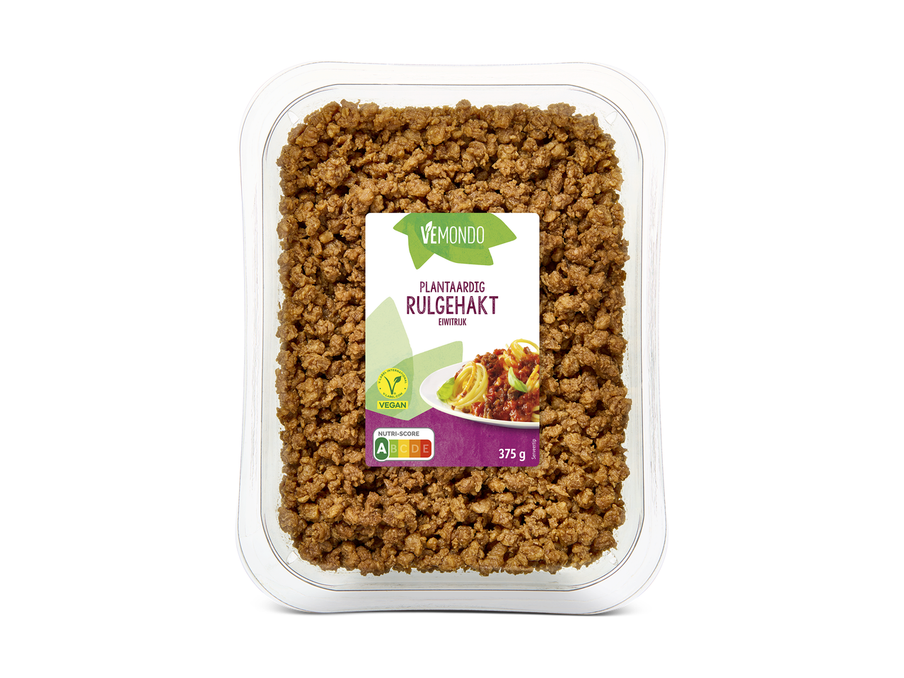 Verpakking plantaardig rulgehakt met Nutri-Score A en veganistisch keurmerk, 375 g.