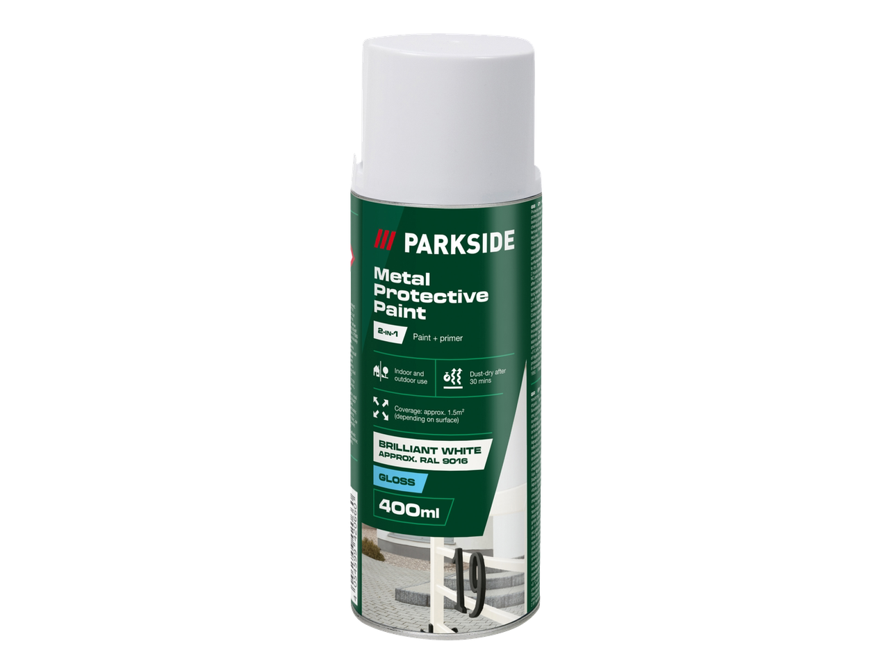 PARKSIDE Metall-Schutzlack sprej, sjajno bela, 400 ml, sa zaštitom od korozije.