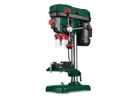A green and black bench drill press with a vise is shown against a white background.