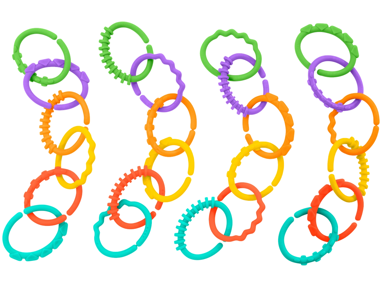 Colorful interlocking baby links in green, purple, orange, yellow, and teal.