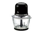 Electric food chopper with a black motor unit and a clear glass bowl with measurement markings