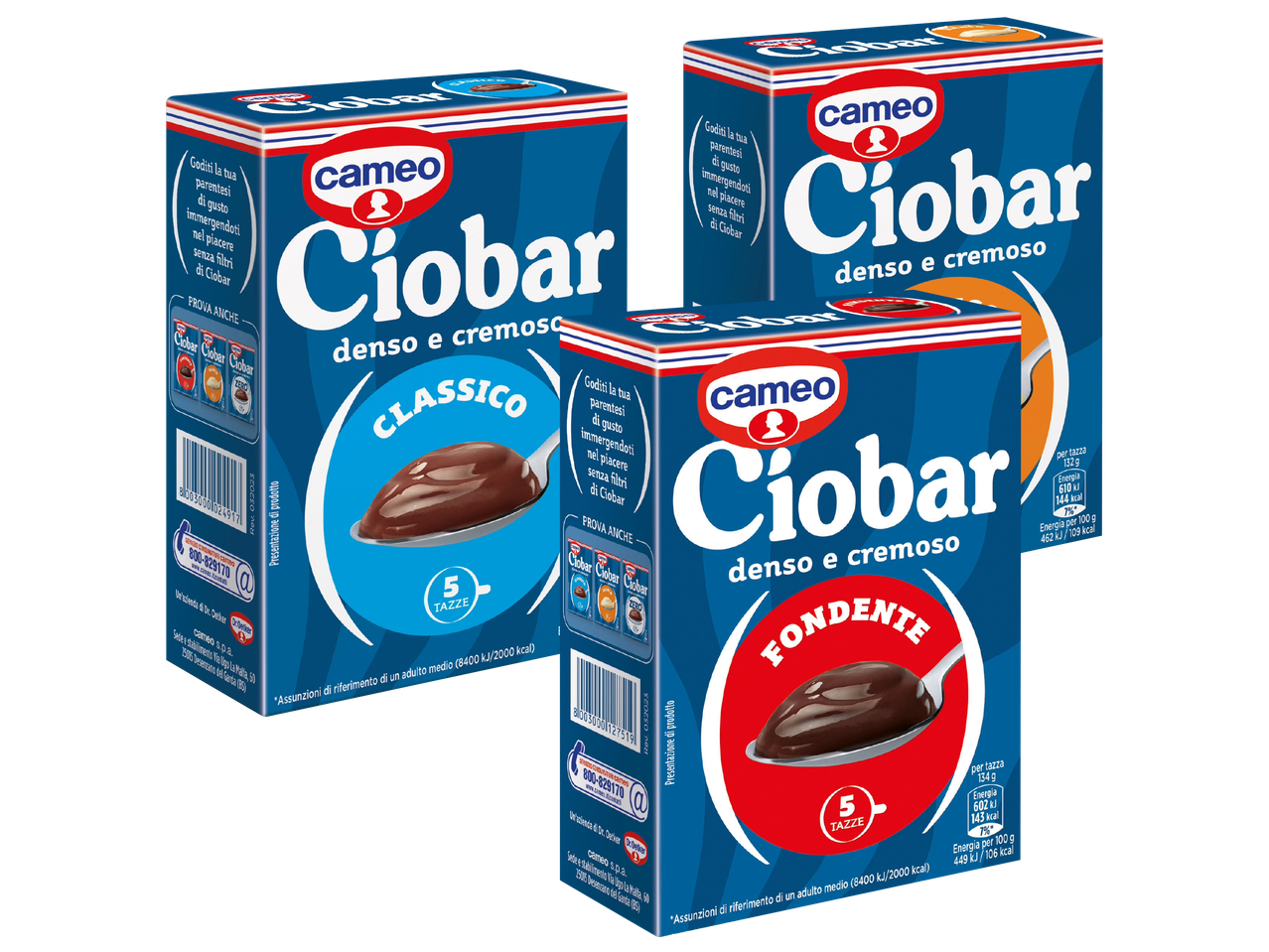 Three boxes of Cameo Ciobar hot chocolate mix, two classic and one dark chocolate.