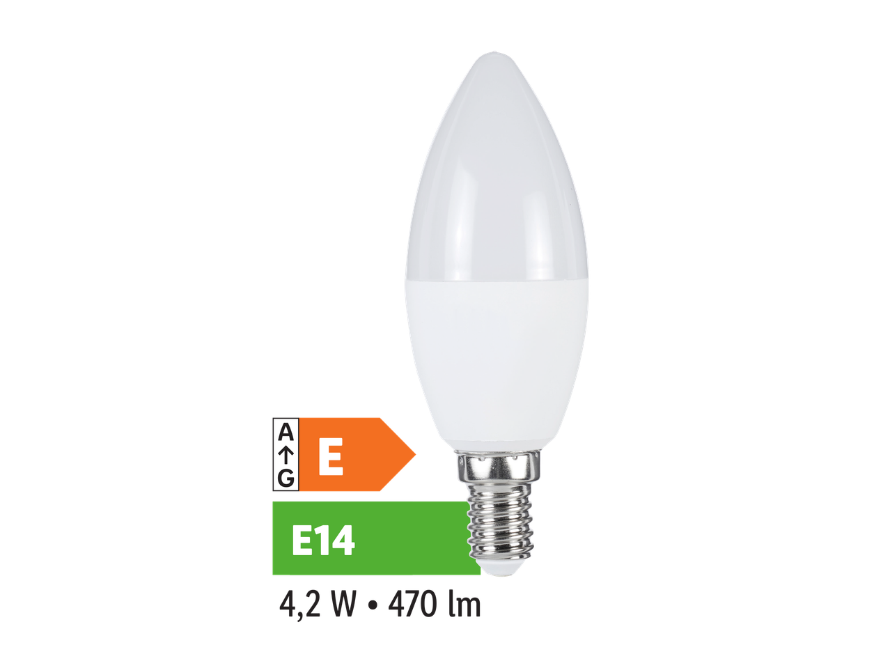 LED žarnica E14 s porabo 4,2 W in svetilnostjo 470 lm, energijski razred E.