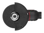 Angle grinder with a cutting disc and protective guard, top view.
