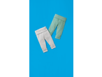 Two pairs of baby leggings, one light grey and one light green, on a blue background.