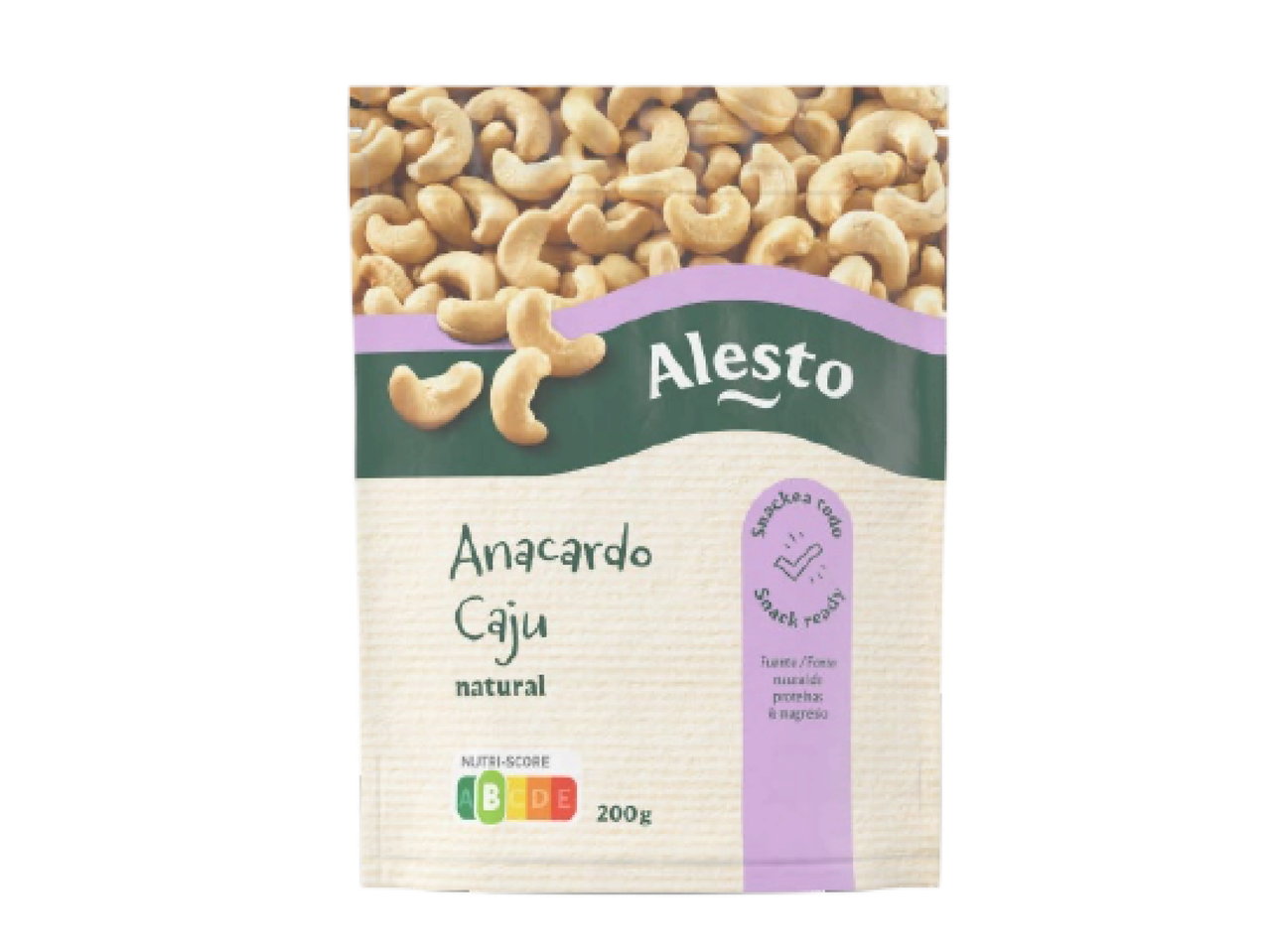 Embalagem de cajus naturais com a marca Alesto, exibindo o Nutri-Score A e 200g de peso.