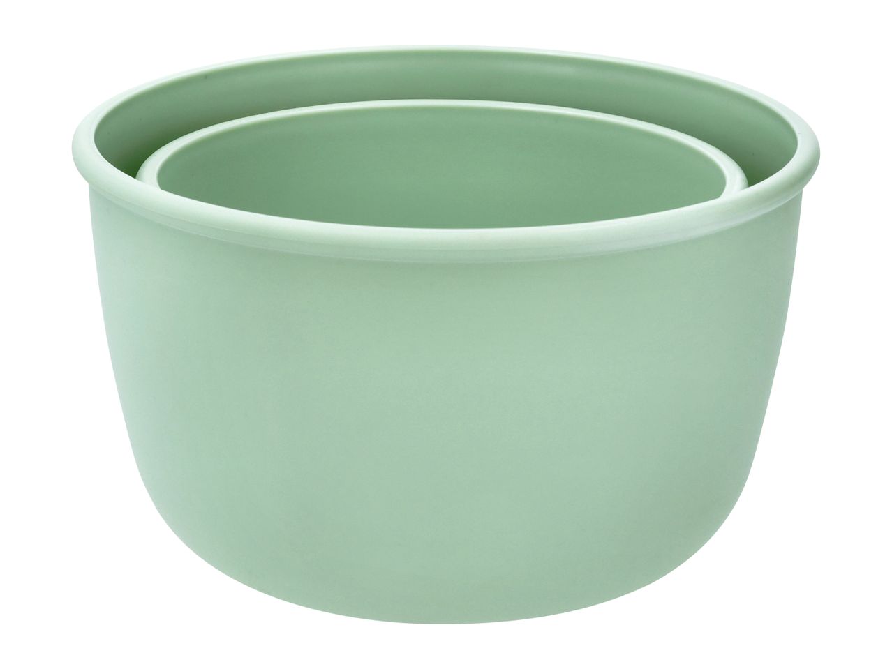 Two light green nesting plant pots, one inside the other, on a white background.