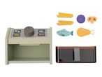 Toy kitchen appliance with play food items including pasta, fish, chicken, mushroom, and onion.