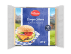 Pakke med 10 bløde cheddar-stil burgerosteskiver, 200g, med billede af en burger.