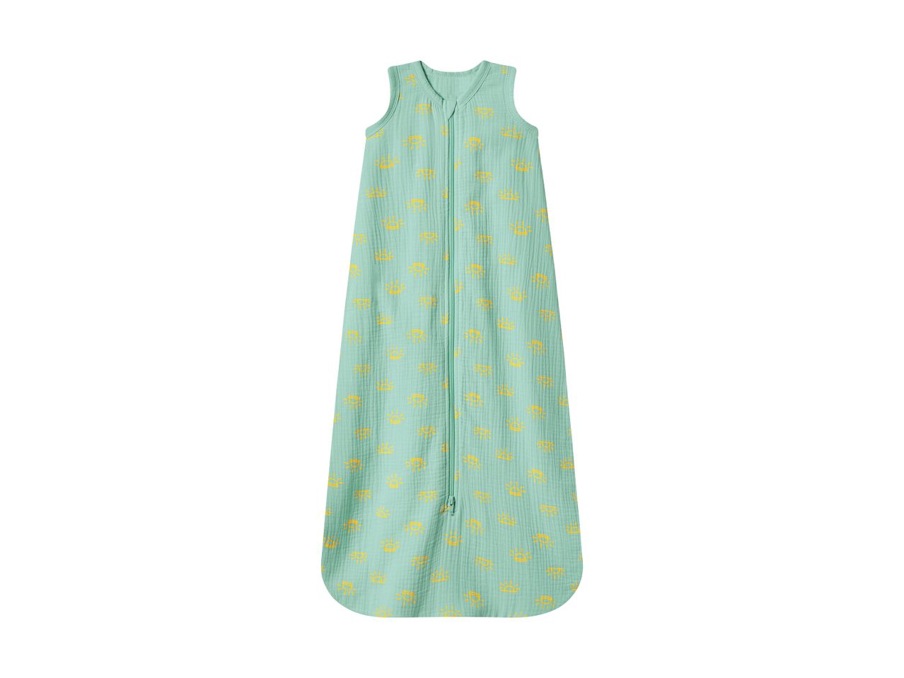 Mint green baby sleeping bag with yellow sun pattern and front zipper.