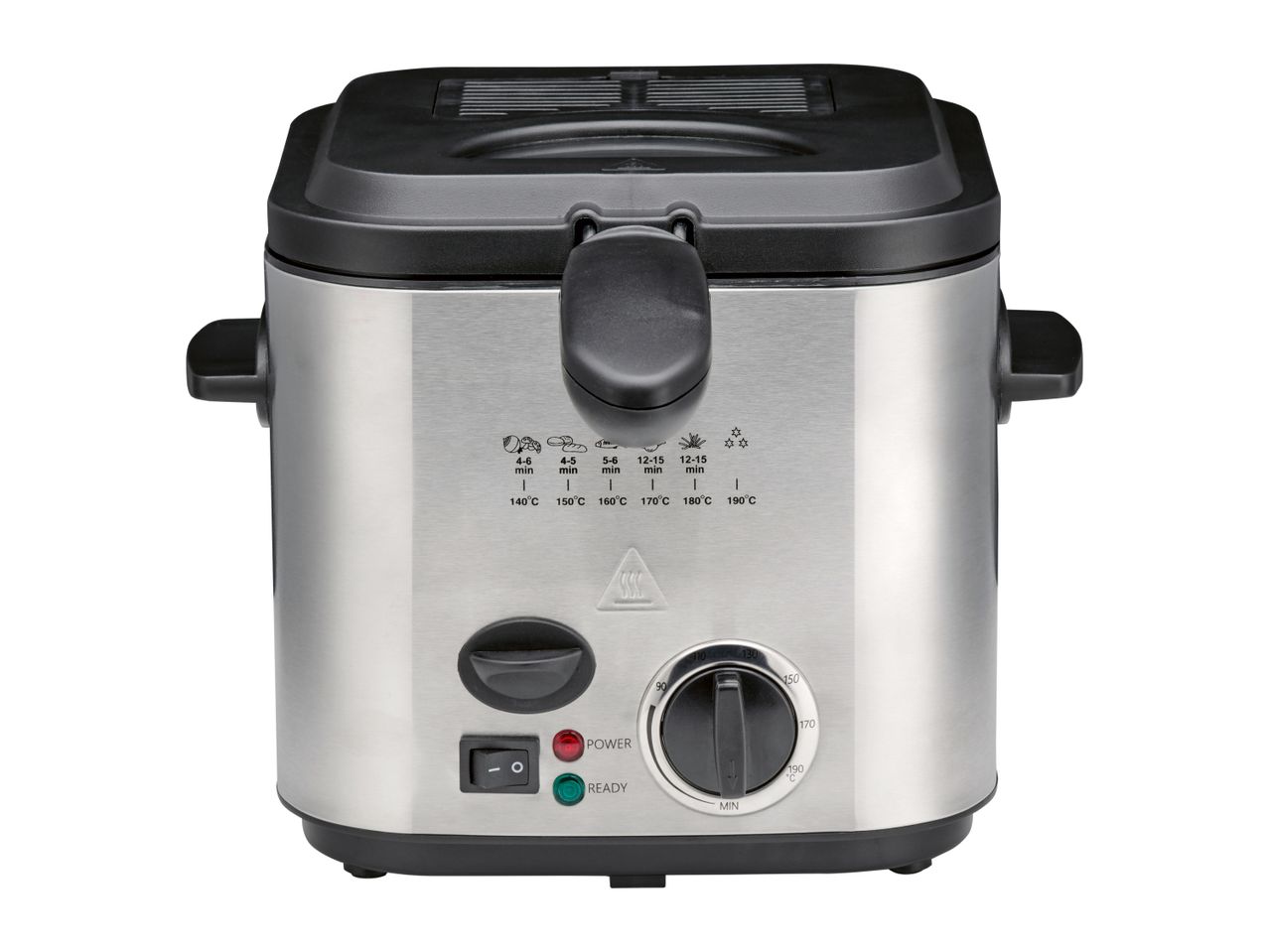 Silver deep fryer with black lid, handles, and control panel showing temperature and time settings.