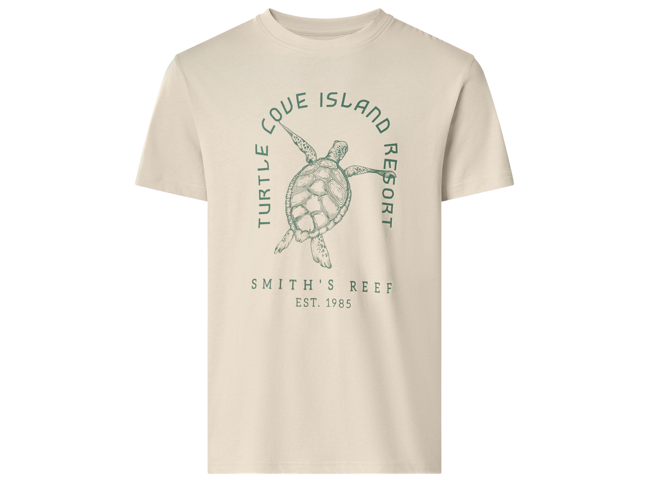 Бежова тениска с щампа на костенурка и текст 'TURTLE COVE ISLAND RESORT SMITH'S REEF EST. 1985'