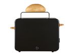 Black toaster with a bread roll on a warming rack.