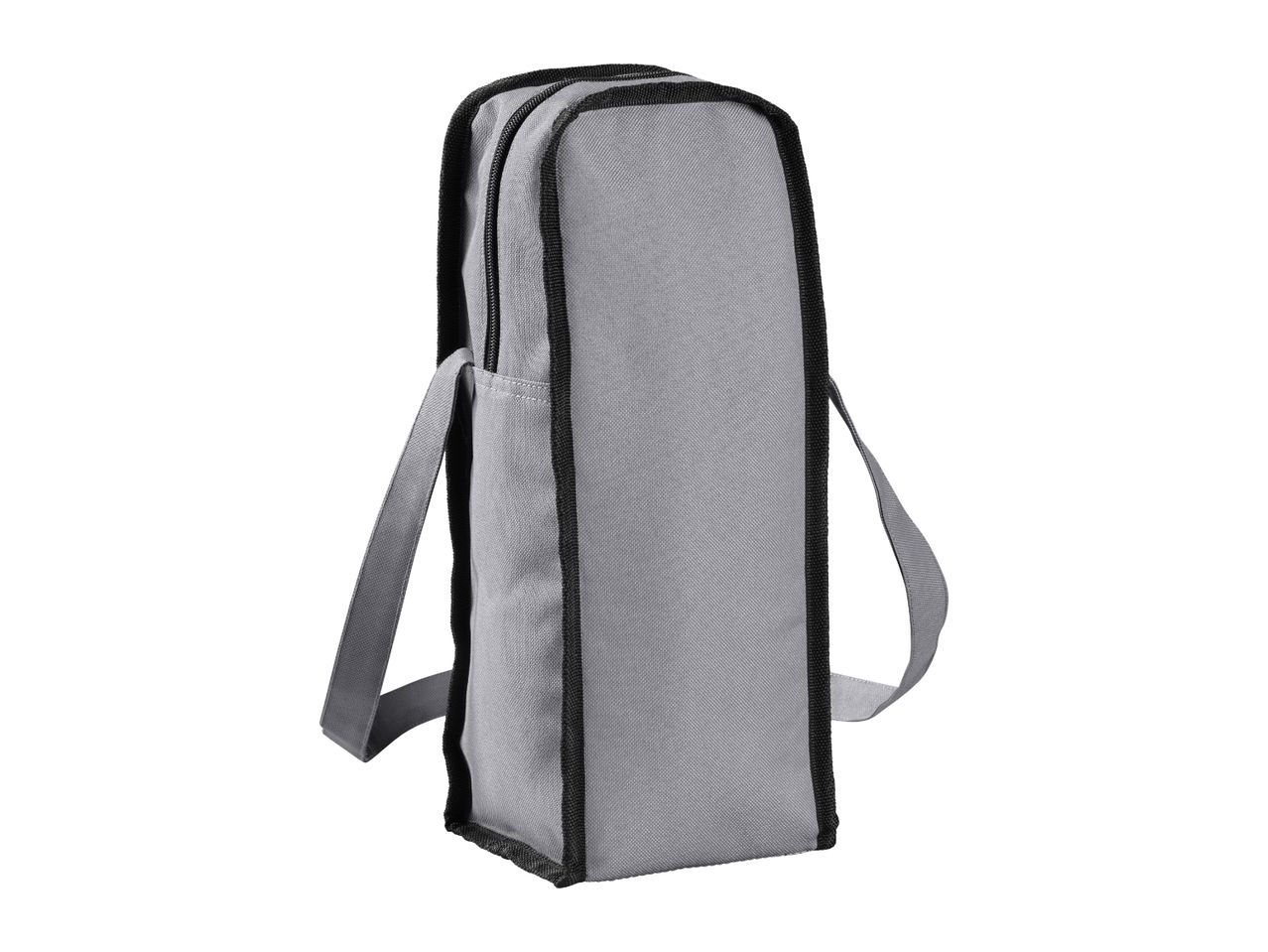 A gray canvas shoulder bag with black trim and a zippered closure.