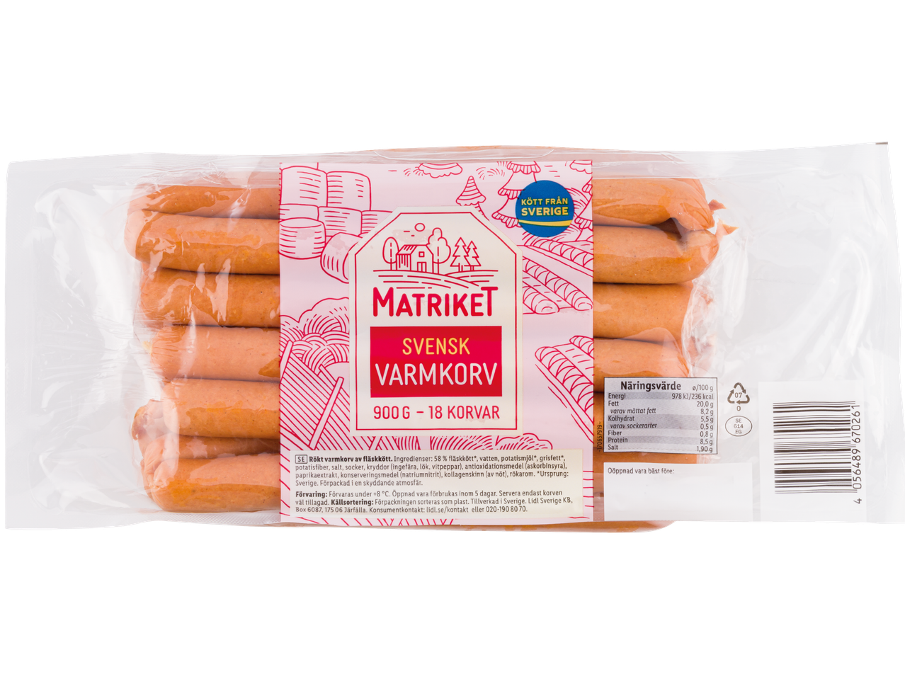 Förpackning med Matriket Svensk Varmkorv, 900g, 18 korvar, med näringsinformation.