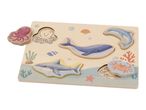 Wooden ocean-themed puzzle with octopus, whale, shark, dolphin, and crab pieces.