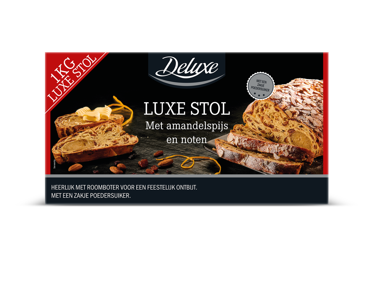 Luxe stol met amandelspijs en noten, geserveerd met roomboter en poedersuiker.