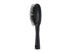 A black paddle hairbrush with a comfortable handle.