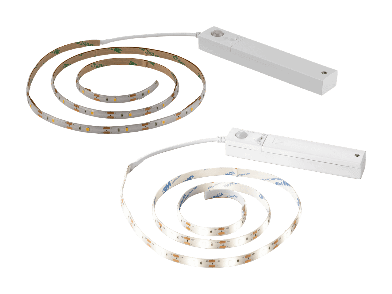 Zwei LED-Lichtbänder mit Bewegungssensoren und 3M-Klebeband.