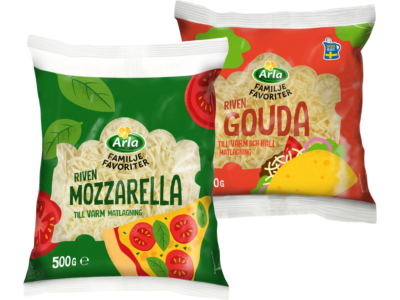 Två påsar Arla Familjefavoriter riven ost: Mozzarella och Gouda.