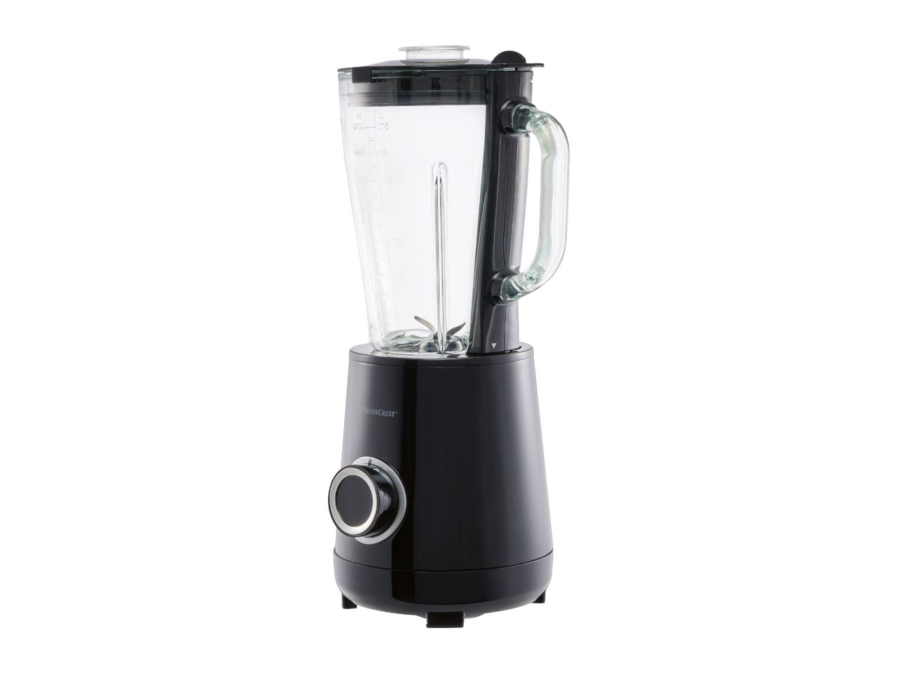 Black blender with a glass jug and a silver control knob on a white background.