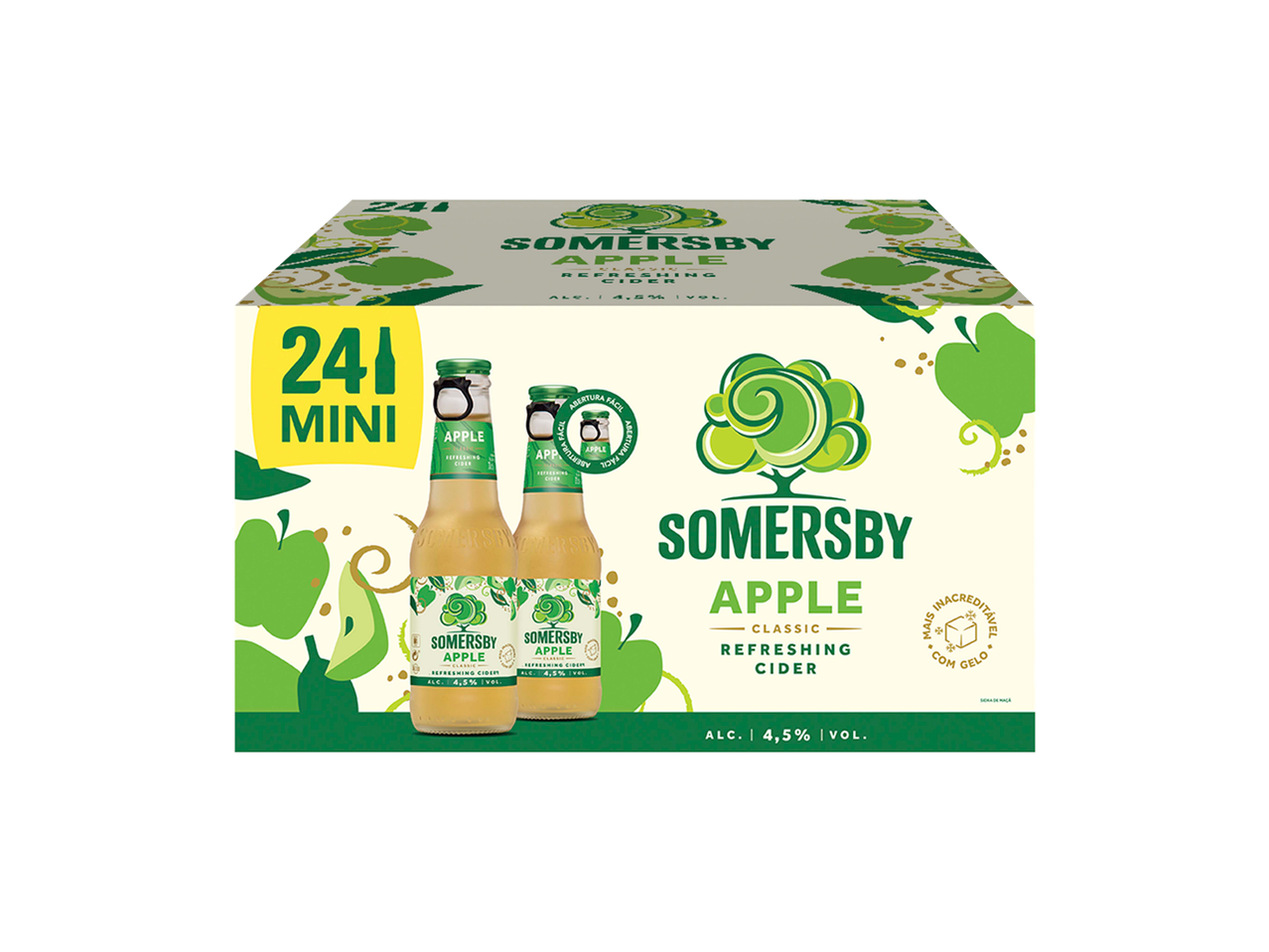 Caixa de 24 mini garrafas de Somersby Sidra de Maçã Clássica com 4,5% de álcool.