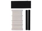 Black and white elastic bands with hook and loop fasteners.
