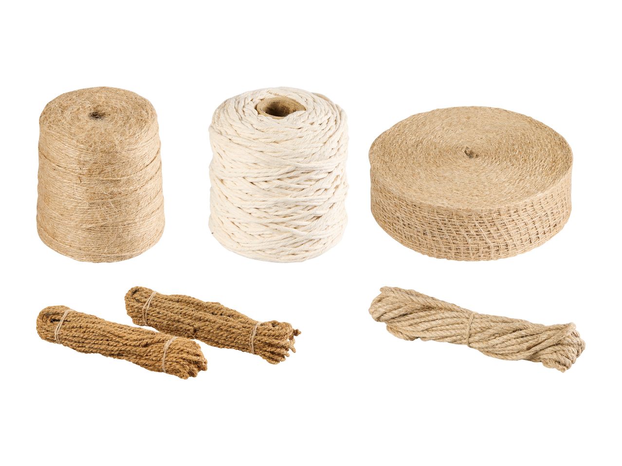 Verschiedene Arten von Seilen und Schnüren, darunter Juteschnur, Baumwollschnur und Sisalseil.