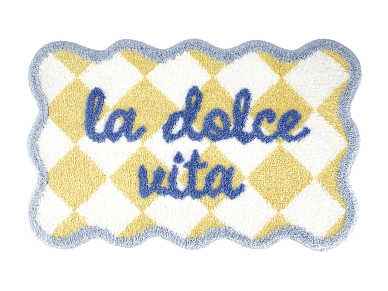 Blå og gul badeværelsesmåtte med ternet mønster og teksten 'la dolce vita'.