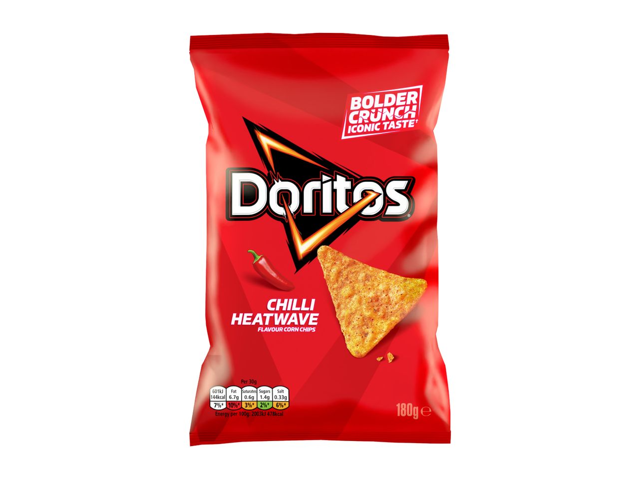 Red bag of chilli heatwave flavour corn chips with a single chip and a red chilli pepper.