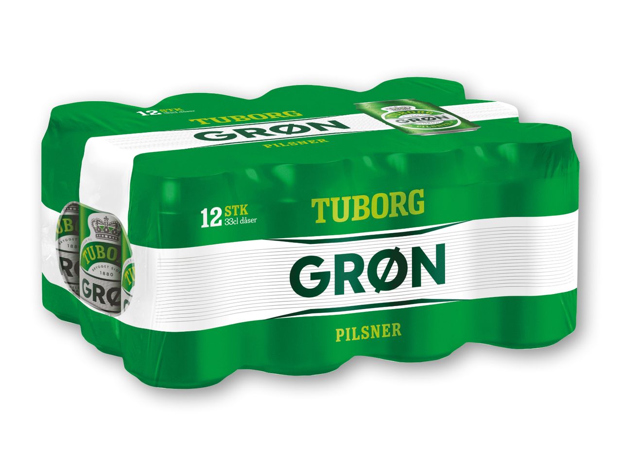 12-pak Tuborg Grøn Pilsner dåser.