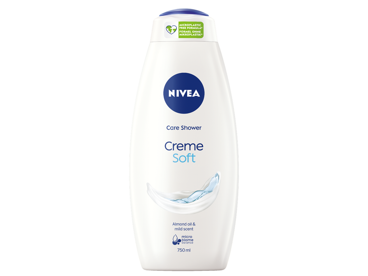 Бял душ гел с надпис „Creme Soft“, „Almond oil & mild scent“ и „750 ml“.