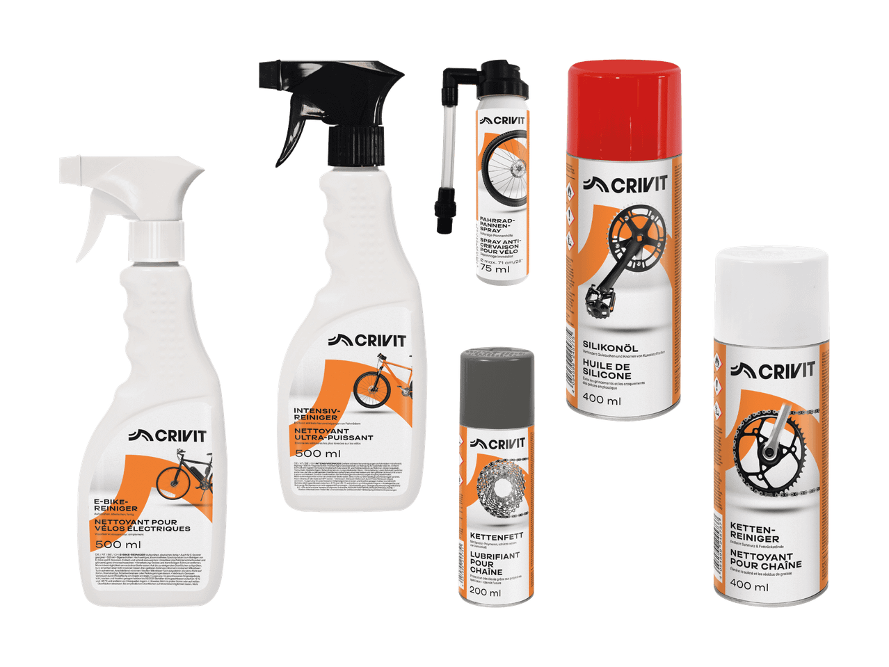 Produits d'entretien pour vélos: nettoyant e-bike, nettoyant intensif, spray anti-crevaison, huile silicone, graisse chaîne, nettoyant chaîne.