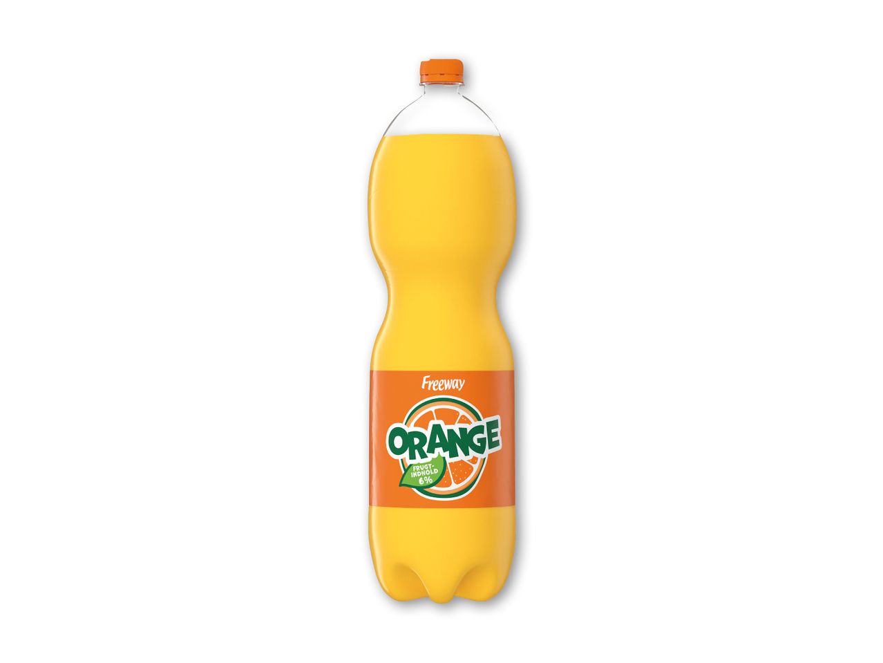 En stor flaske appelsinsodavand med en orange etiket, der viser en appelsinskive og teksten 'ORANGE'.