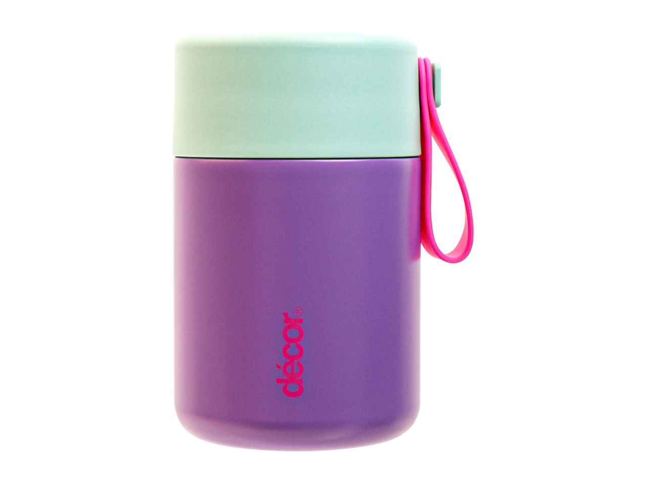 Purple and mint green insulated food jar with a pink strap, featuring a logo on the side.