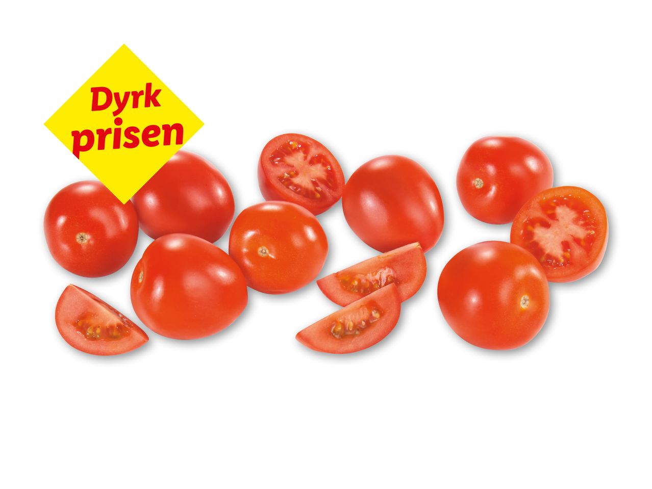 Røde tomater, hele og skåret, med et gult skilt, der siger 'Dyrk prisen'.