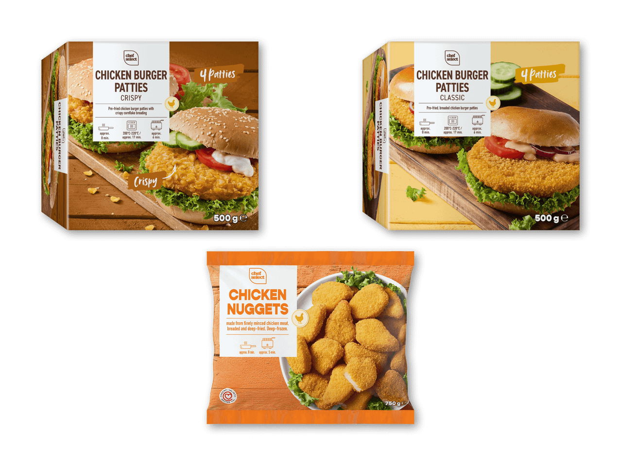To pakker kyllingeburgerbøffer, en sprød og en klassisk, samt en pose kyllingenuggets.