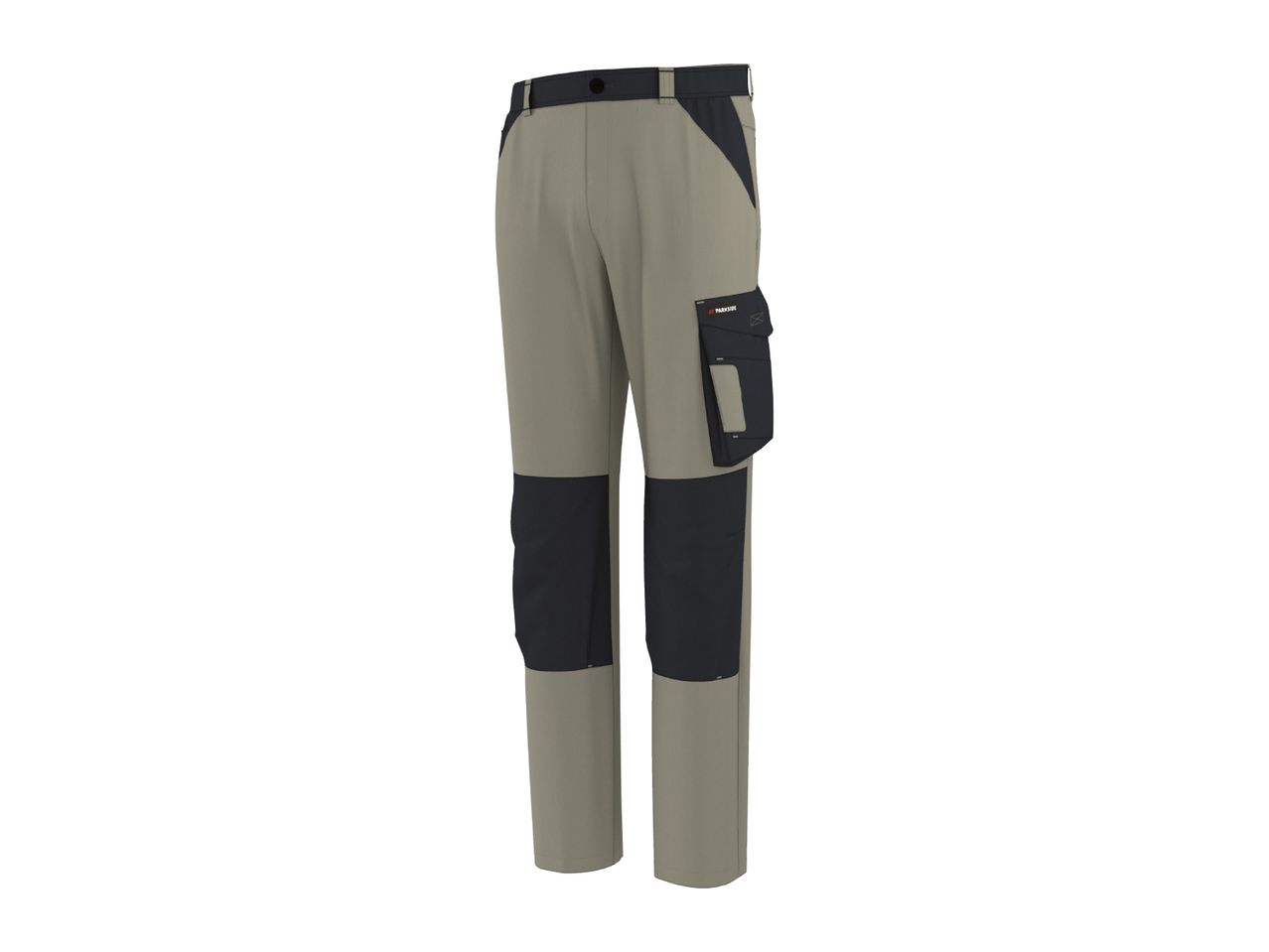 Men's work trousers in beige and black with multiple pockets.