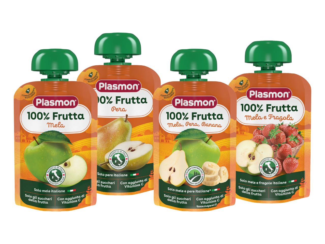 Plasmon 100% Frutta pouches: mela, pera, mela pera banana, mela e fragola.