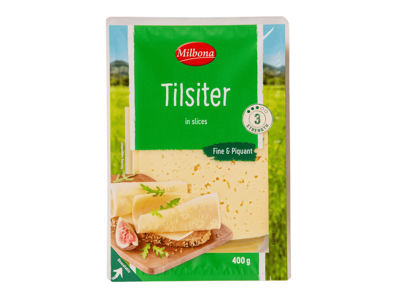 Viipaloitu Tilsiter-juusto, hieno ja pikantti, 400 g:n pakkauksessa.