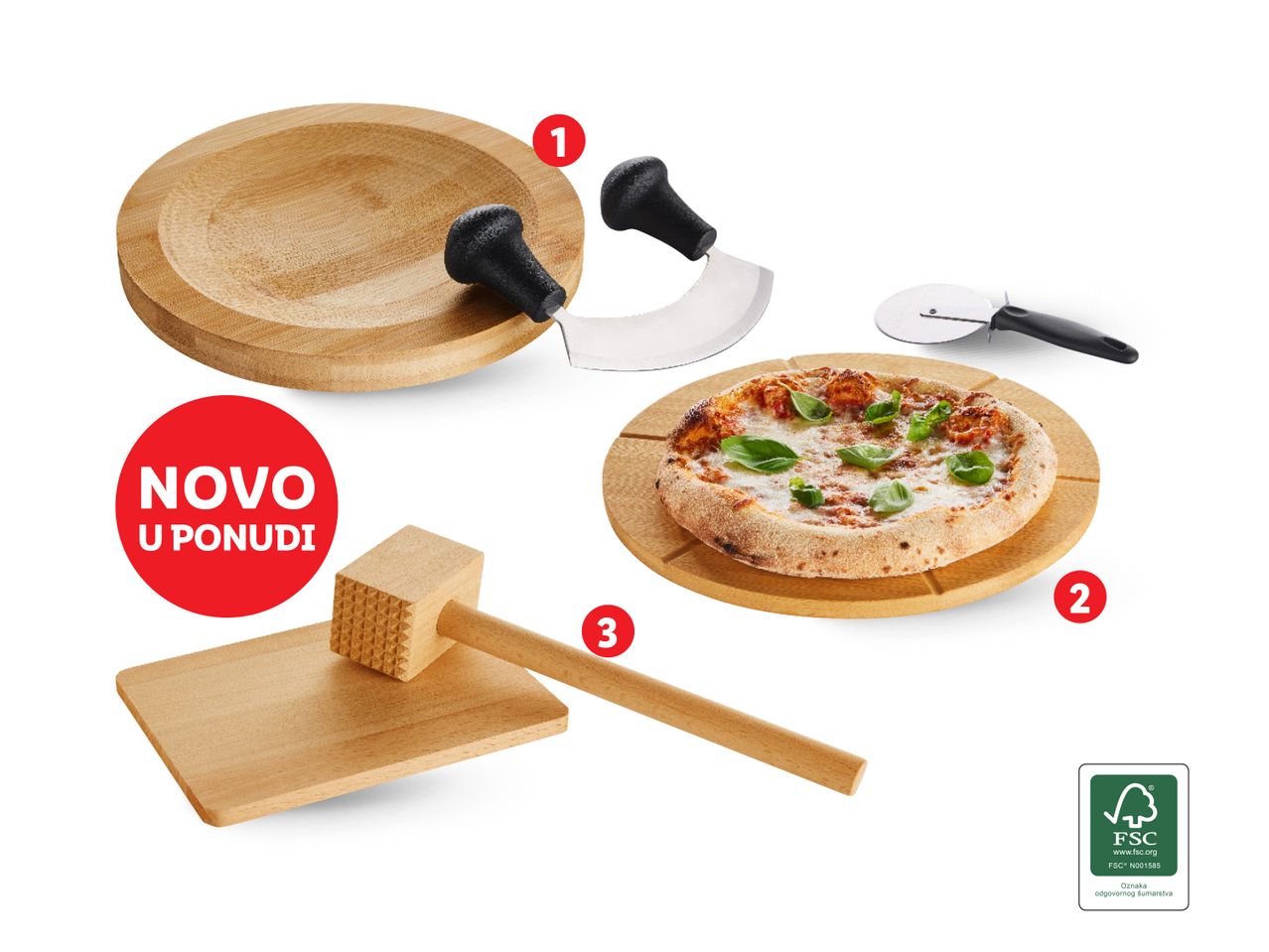 Set za pizzu od bambusa: daska za rezanje, sjeckalica, čekić za meso.