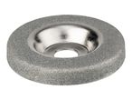 Diamond grinding wheel with a silver metallic center and a textured abrasive surface.