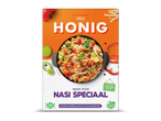 Verpakking voor nasi speciaal met een afbeelding van het gerecht in een pan, groenten en kruiden.
