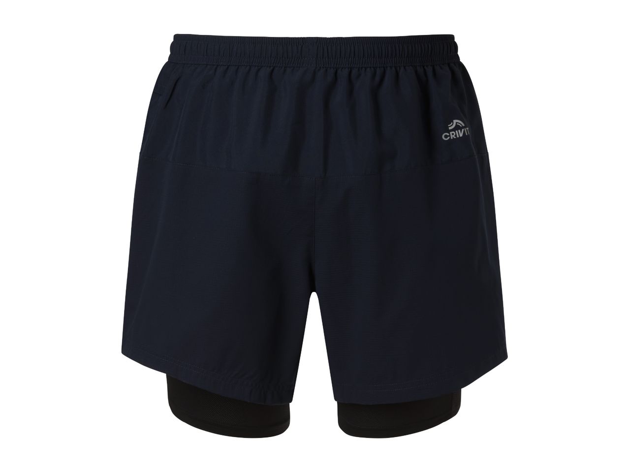 Men's navy blue running shorts with an elastic waistband and integrated black compression shorts.